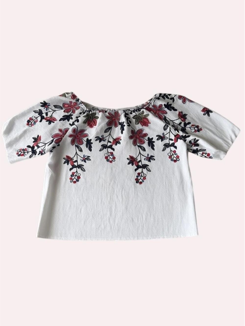 White Linen Floral Embroidered Peasant Blouse - Picture 3 of 5